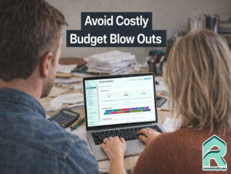 A husband and wife are working on a laptop showing renovateright.app expenses page a tool for managing renovation budgets, a text overlay reads, "Avoid costly budget blowouts."