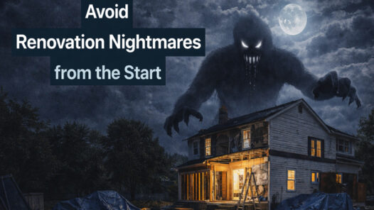 An image depicting a dark cloudy moonlit night with a large shadowy monster figure overlooking a house being renovated; the monster is drooling, text reads "Avoid Renovation Nightmares from the Start." Avoid renovation mistakes.