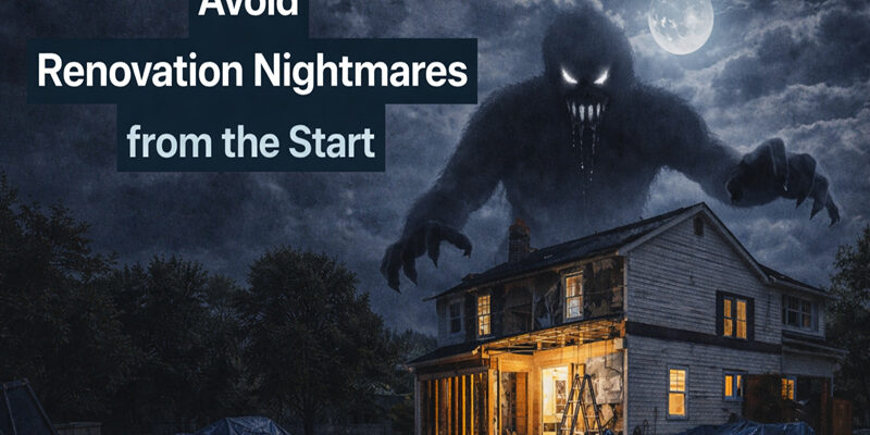 An image depicting a dark cloudy moonlit night with a large shadowy monster figure overlooking a house being renovated; the monster is drooling, text reads "Avoid Renovation Nightmares from the Start." Avoid renovation mistakes.