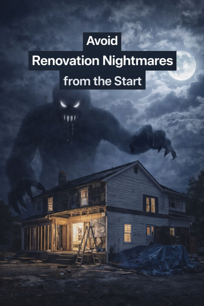 An image depicting a dark cloudy moonlit night with a large shadowy monster figure overlooking a house being renovated; the monster is drooling, text reads "Avoid Renovation Nightmares from the Start." Avoid renovation mistakes.