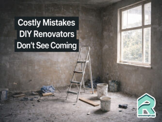An abandoned costly home renovation project with buckets and ladder and debris on the floor. A dusty room with a text overlay that reads Costly Mistakes DIY Renovators Don't See Coming