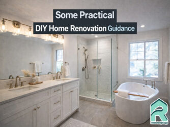 The Home Renovation Guide cover image is of a bright, modern, freshly renovated bathroom with dual sinks brass lighting, and chrome water fixtures, a shower appears in the corner of a room, with a spa bath sitting beneath a window. Overlay text reads: Some practical diy home renovation guidance.