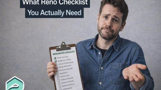 An image of a man shrugging while holding a renovation checklist with a text overlay that reads "What reno checklist you actually need".