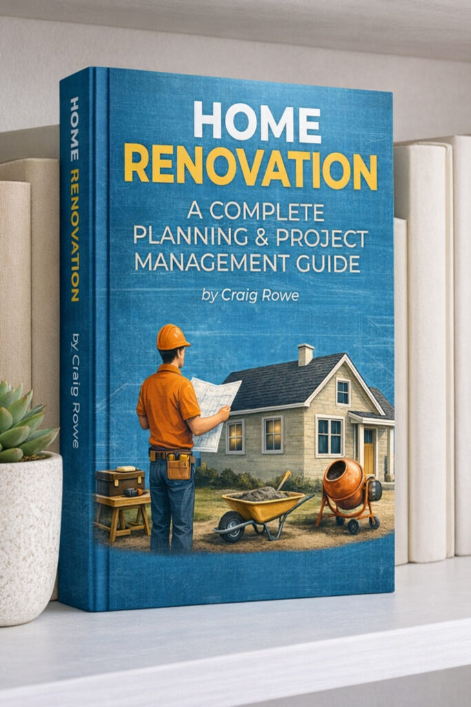 Home Renovation book by Craig Rowe appears on a Bookshelf it has a blue cover with an image of a house and person standing out front holding and looking at a floor plan.